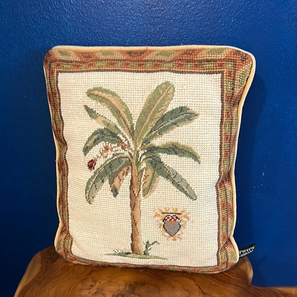Two’s Company Set of  2 Needlepoint Palm Tree Design & Heraldic Crest Pillows - Picture 2 of 8